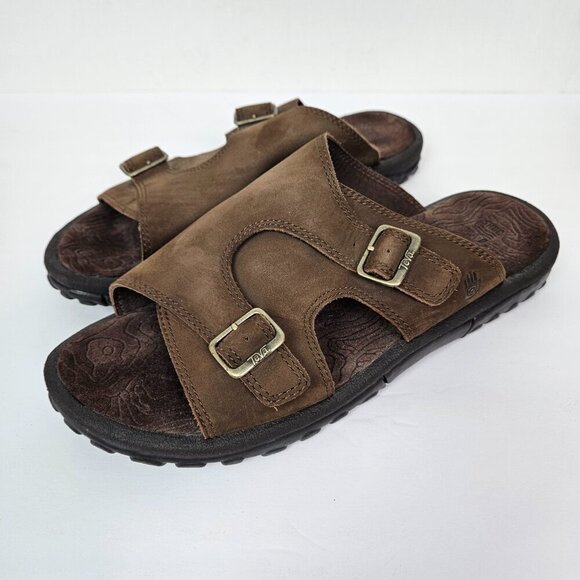 TEVA Alexandra Shoc Pro Brown Leather Adjustable Double Buckle Slide Sandal 11 - Picture 8 of 12